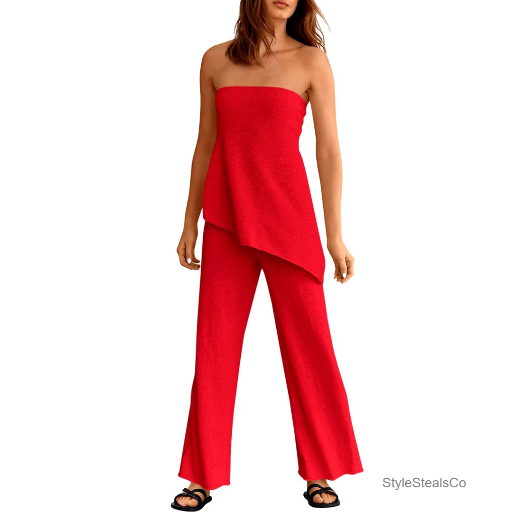 Asymmetrical Tube Top Wide Leg Pants Lounge Set Size Small